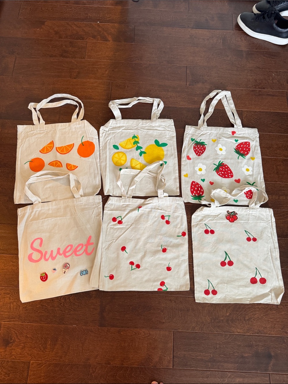 Set of 6 Fruit Print Canvas Tote Bags - Strawberries, Cherries, Oranges, Lemons